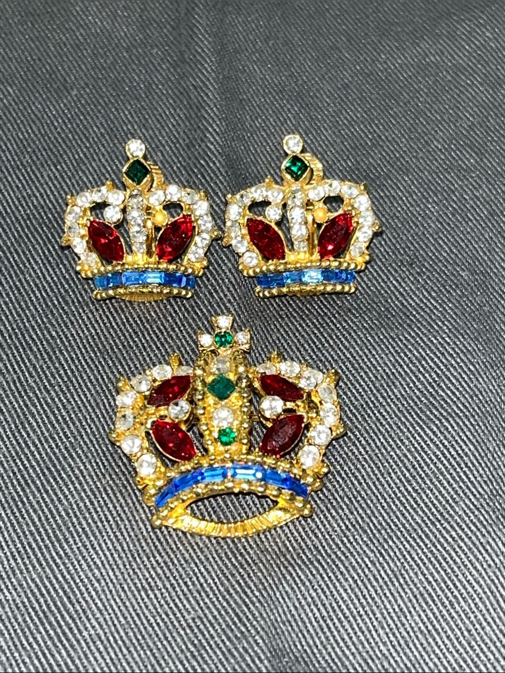 Gold-Tone Crown Brooch and Earring Set with Red, Blue and Green Stones